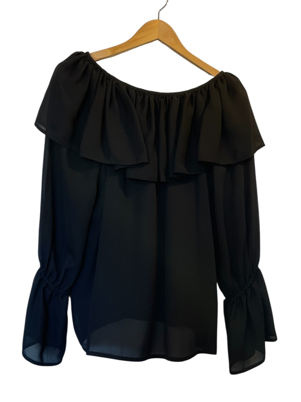 RUFFLED Black Semi-Sheer Long Sleeve Peasant Sleeve Blouse Top - Size Large